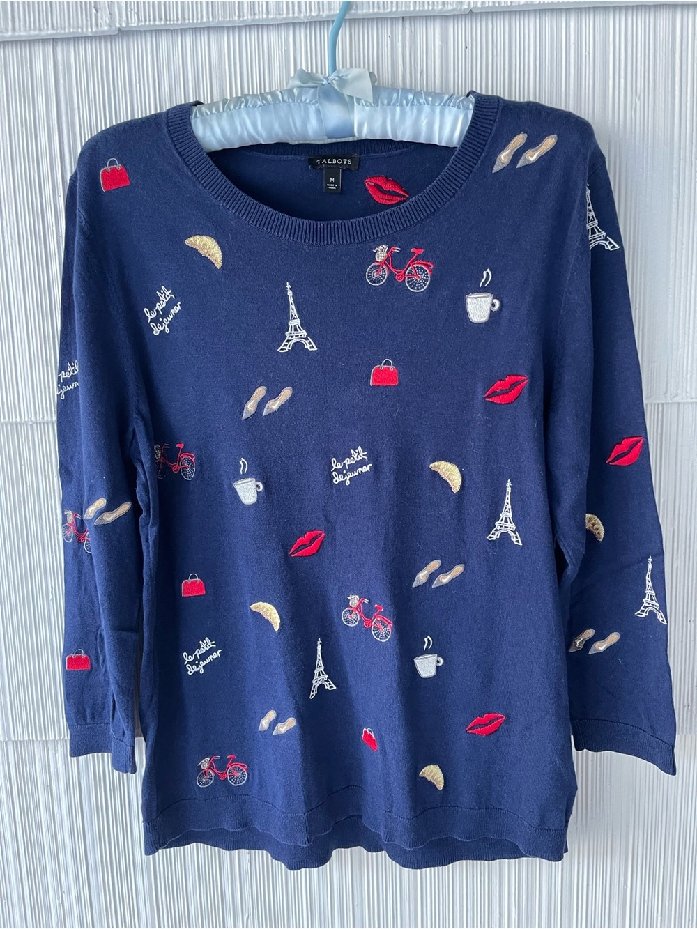 Talbots Navy Knit Top with Red Lip Embroidery